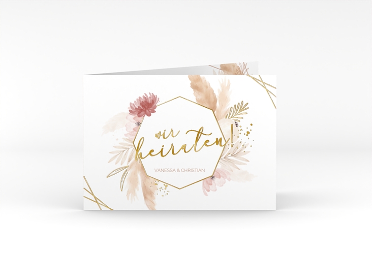 Hochzeitseinladung Bohostyle A6 Klappkarte quer beige gold mit Pampasgras in Aquarell