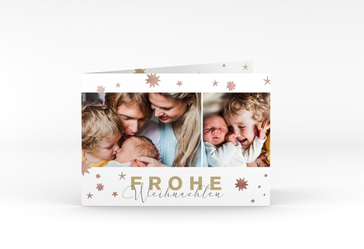 Weihnachtskarte Schneeglanz A6 Klappkarte quer weiss rosegold