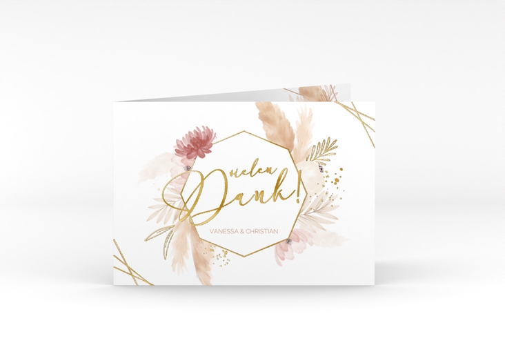 Danksagungskarte Hochzeit Bohostyle A6 Klappkarte quer beige gold mit Pampasgras in Aquarell