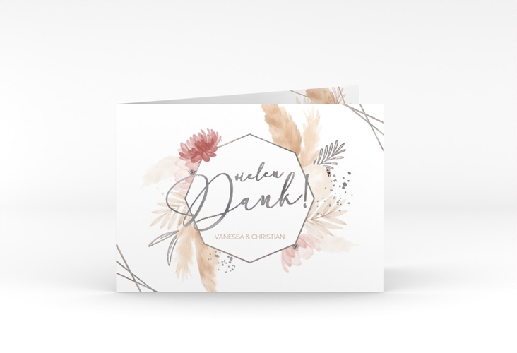 Danksagungskarte Hochzeit Bohostyle A6 Klappkarte quer beige silber mit Pampasgras in Aquarell