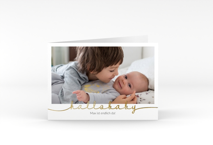 Geburtskarte Newborn A6 Klappkarte quer weiss gold