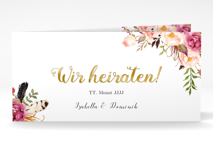 Hochzeitseinladung Flowers lange Klappkarte quer weiss gold mit bunten Aquarell-Blumen