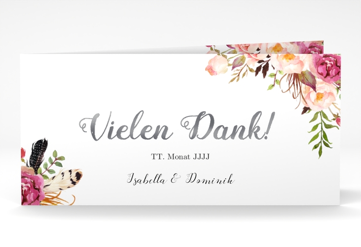 Danksagungskarte Hochzeit Flowers lange Klappkarte quer weiss silber mit bunten Aquarell-Blumen