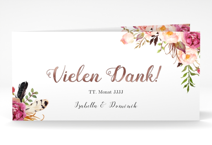 Danksagungskarte Hochzeit Flowers lange Klappkarte quer weiss rosegold mit bunten Aquarell-Blumen