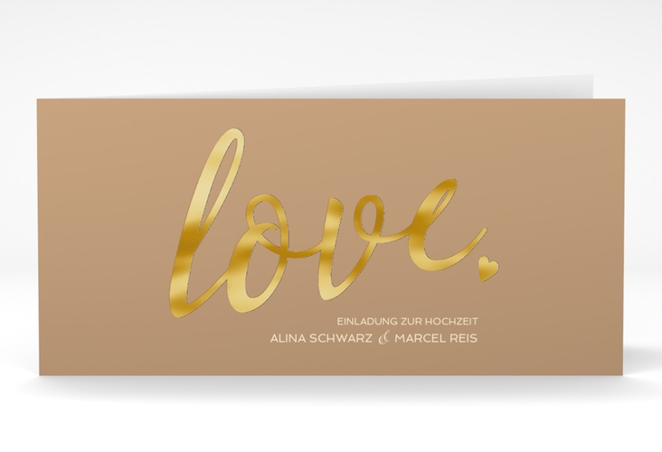 Hochzeitseinladung Glam lange Klappkarte quer beige gold