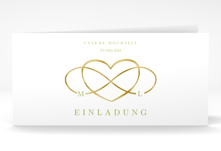 Hochzeitseinladung Infinity lange Klappkarte quer gruen gold