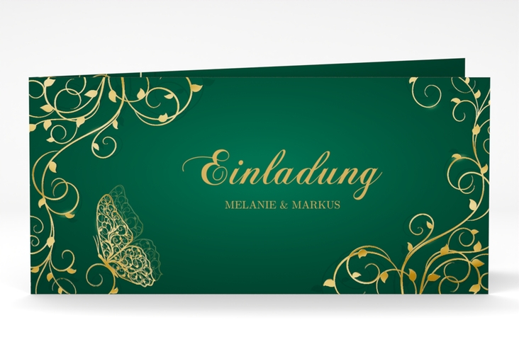 Hochzeitseinladung Eternity lange Klappkarte quer gruen gold