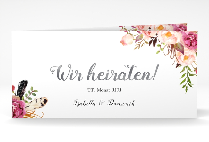 Hochzeitseinladung Flowers lange Klappkarte quer weiss silber mit bunten Aquarell-Blumen