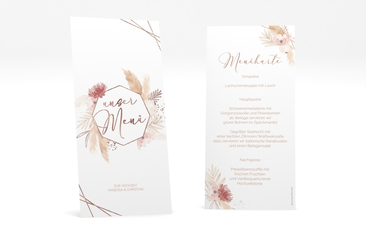 Menükarte Hochzeit Bohostyle lange Karte hoch beige rosegold mit Pampasgras in Aquarell