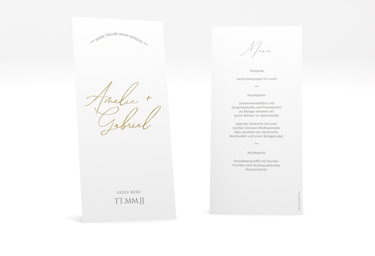 Menükarte Hochzeit Federschrift lange Karte hoch weiss gold in schlichtem Design mit Kalligrafie