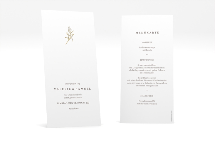 Menükarte Hochzeit Ivy lange Karte hoch weiss gold minimalistisch mit kleiner botanischer Illustration