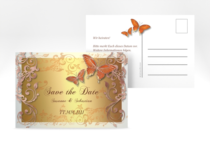 Save the Date-Postkarte Toulouse A6 Postkarte orange rosegold mit Schmetterlingen und Schnörkeln