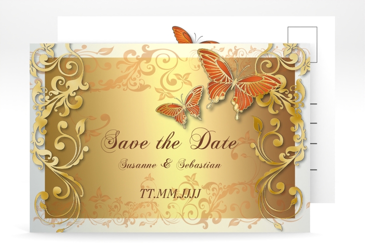 Save the Date-Postkarte Toulouse A6 Postkarte orange gold mit Schmetterlingen und Schnörkeln