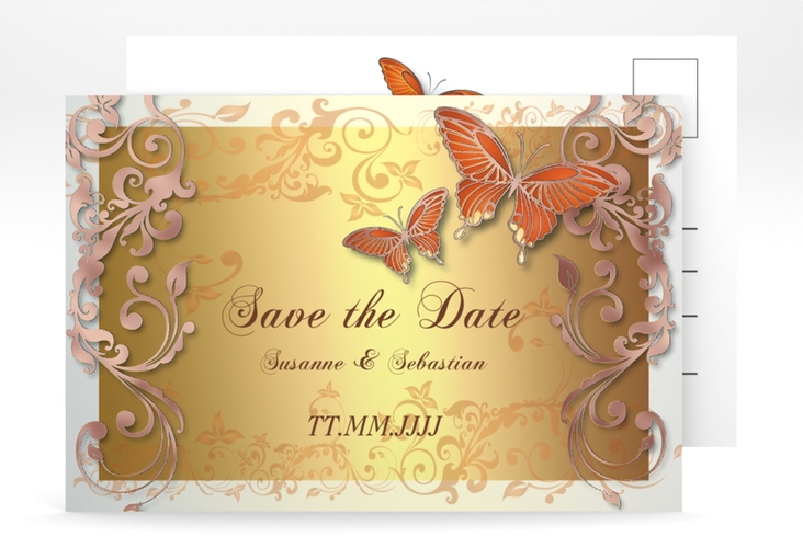 Save the Date-Postkarte Toulouse A6 Postkarte orange rosegold mit Schmetterlingen und Schnörkeln