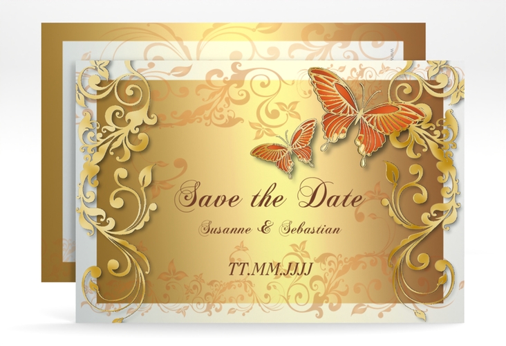 Save the Date-Karte Hochzeit Toulouse A6 Karte quer orange gold romantisch mit Schmetterlingen