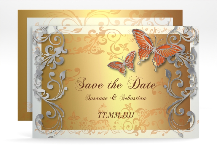 Save the Date-Karte Hochzeit Toulouse A6 Karte quer orange silber romantisch mit Schmetterlingen