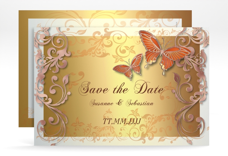 Save the Date-Karte Hochzeit Toulouse A6 Karte quer orange rosegold romantisch mit Schmetterlingen