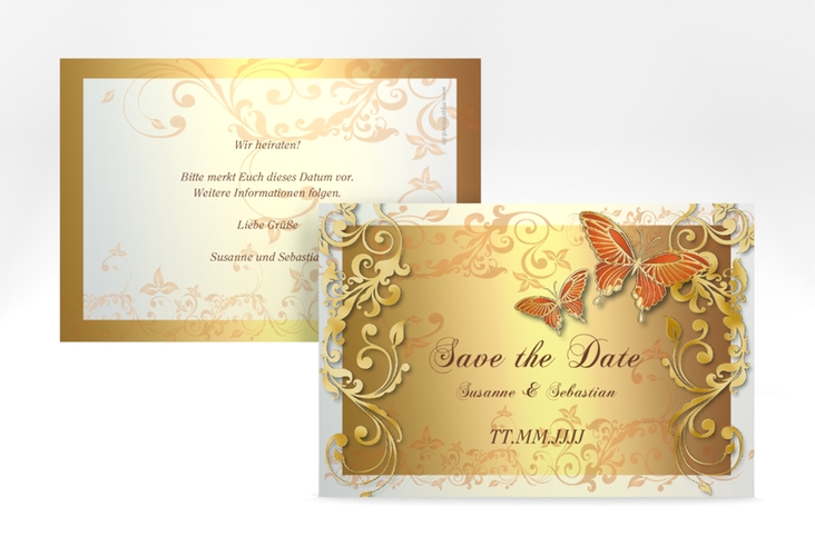 Save the Date-Karte Hochzeit Toulouse A6 Karte quer orange gold romantisch mit Schmetterlingen