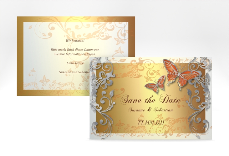 Save the Date-Karte Hochzeit Toulouse A6 Karte quer orange silber romantisch mit Schmetterlingen