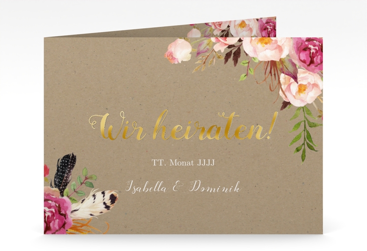 Hochzeitseinladung Flowers mittlere Klappkarte quer Kraftpapier gold mit bunten Aquarell-Blumen