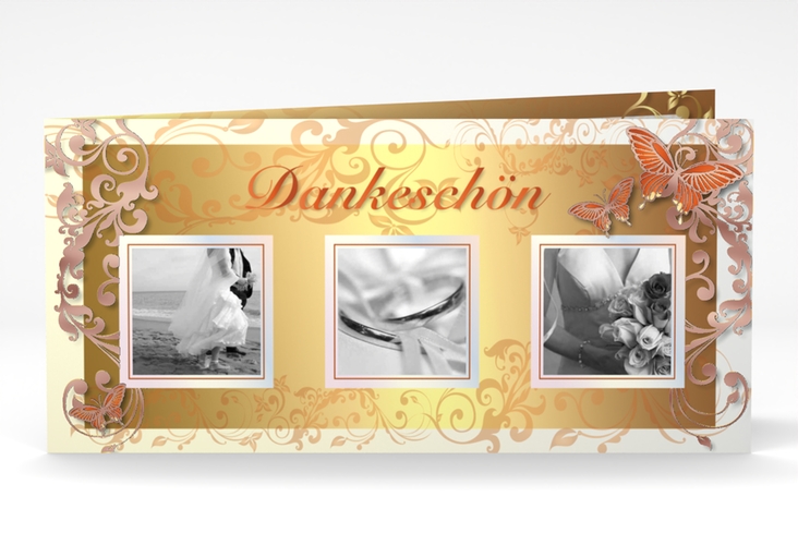 Dankeskarte Hochzeit Toulouse lange Klappkarte quer orange rosegold