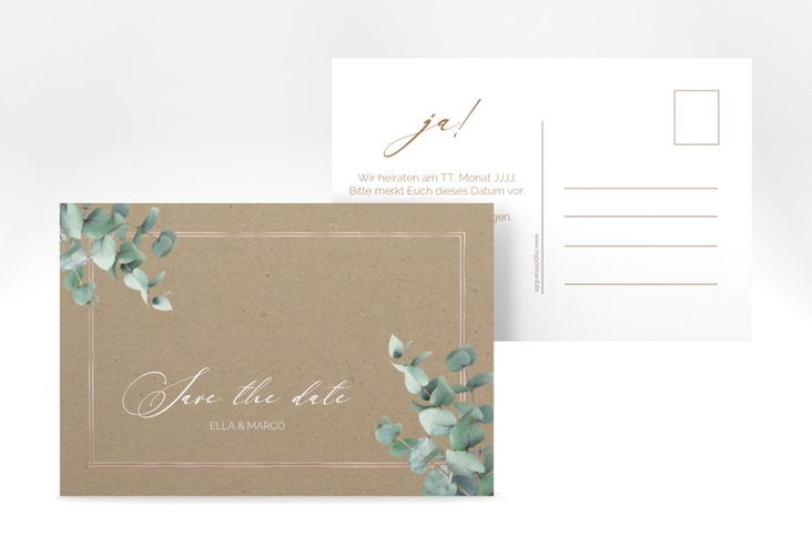 Save the Date-Postkarte Eucalypt A6 Postkarte Kraftpapier rosegold mit Eukalyptus und edlem Rahmen