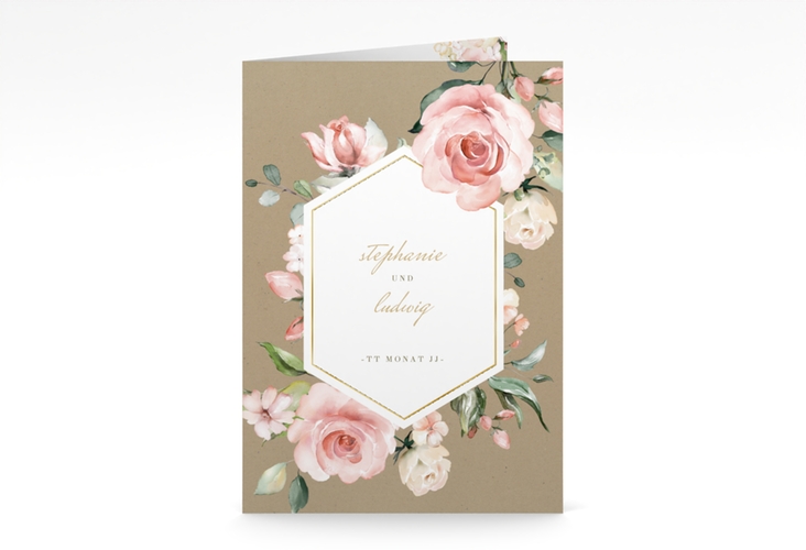 Kirchenheft Hochzeit Graceful A5 Klappkarte hoch Kraftpapier gold mit Rosenblüten in Rosa und Weiß