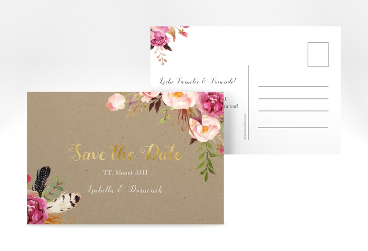 Save the Date-Postkarte Flowers A6 Postkarte Kraftpapier gold mit bunten Aquarell-Blumen