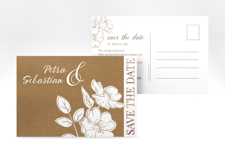 Save the Date-Postkarte Windflower A6 Postkarte Kraftpapier rosegold mit Wildrosen