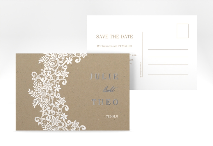 Save the Date-Postkarte Mariage A6 Postkarte Kraftpapier silber mit Bogen aus weißer Spitze