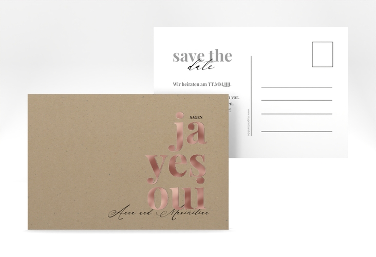 Save the Date-Postkarte Oui A6 Postkarte Kraftpapier rosegold mit Ja-Wort in verschiedenen Sprachen