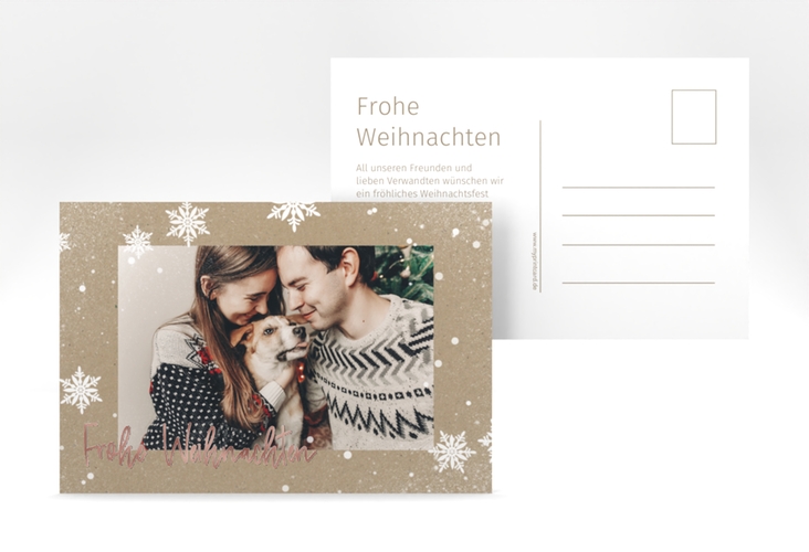 Weihnachtskarte Schneezauber A6 Postkarte Kraftpapier rosegold in Kraftpapier-Optik mit Foto