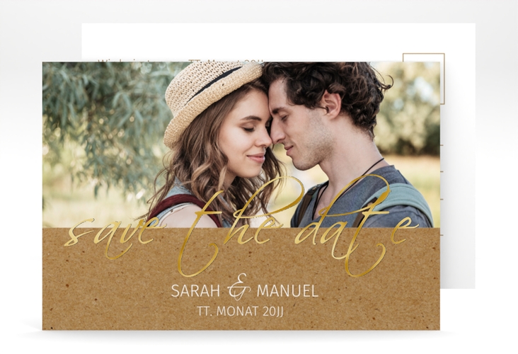 Save the Date-Postkarte Big Picture A6 Postkarte Kraftpapier gold mit Foto des Brautpaars