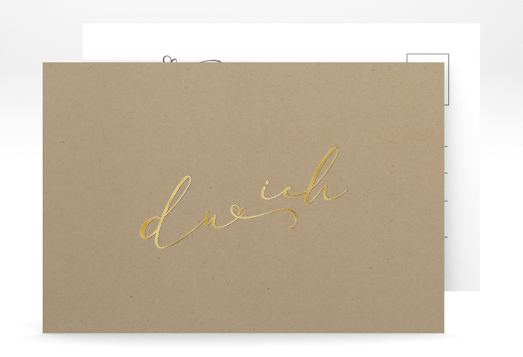 Save the Date-Postkarte Zweisamkeit A6 Postkarte Kraftpapier gold im minimalistischen Stil mit Aufschrift du & ich