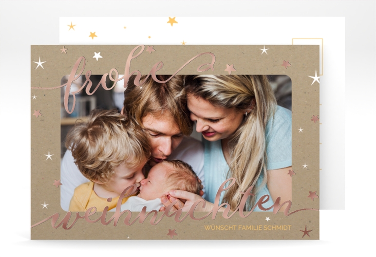 Weihnachtskarte Sternenlicht A6 Postkarte Kraftpapier rosegold mit Foto und Sternen