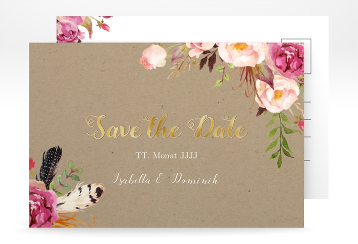 Save the Date-Postkarte Flowers A6 Postkarte Kraftpapier gold mit bunten Aquarell-Blumen