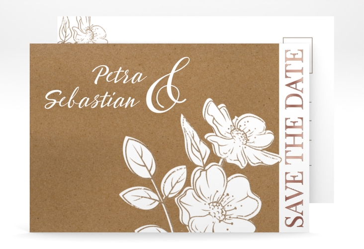 Save the Date-Postkarte Windflower A6 Postkarte Kraftpapier rosegold mit Wildrosen