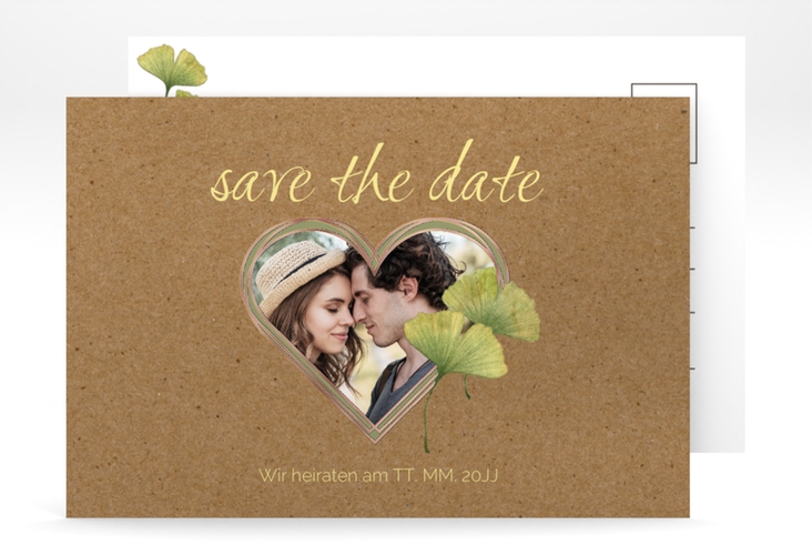 Save the Date-Postkarte Ginko A6 Postkarte Kraftpapier rosegold mit Herz und zwei Ginkgo-Blättern