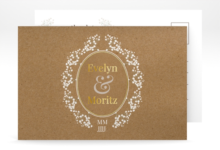 Save the Date-Postkarte Gypsophila A6 Postkarte Kraftpapier gold im Vintage-Stil mit Blumenkranz aus Schleierkraut