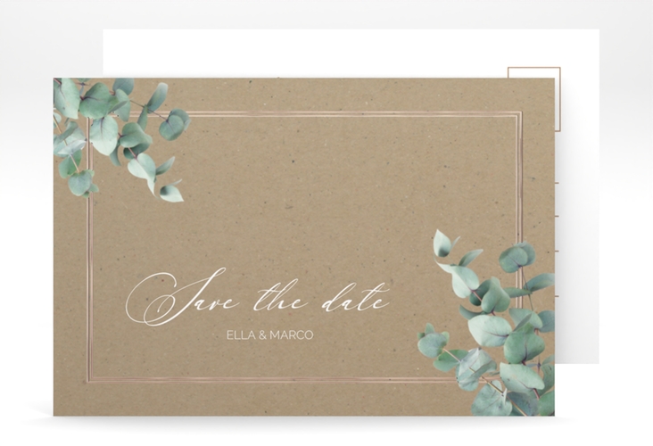 Save the Date-Postkarte Eucalypt A6 Postkarte Kraftpapier rosegold mit Eukalyptus und edlem Rahmen