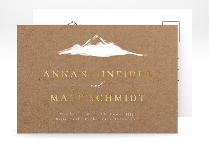 Save the Date-Postkarte Berghochzeit A6 Postkarte Kraftpapier gold mit Berg-Motiv