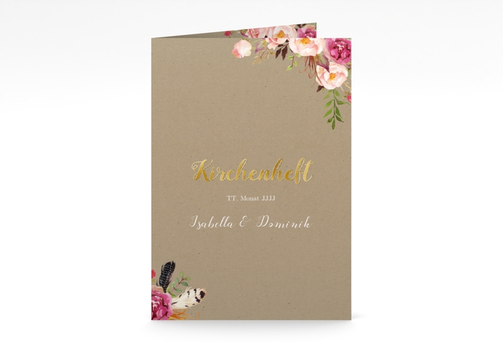 Kirchenheft Hochzeit Flowers A5 Klappkarte hoch Kraftpapier gold mit bunten Aquarell-Blumen