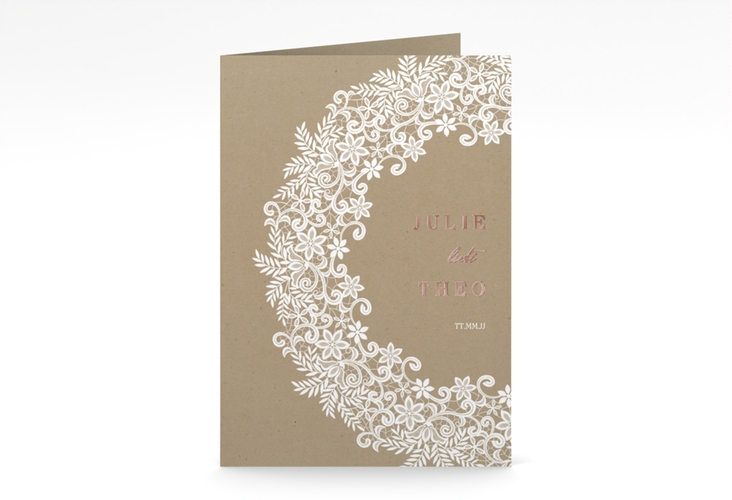 Kirchenheft Hochzeit Mariage A5 Klappkarte hoch Kraftpapier rosegold mit Bogen aus weißer Spitze