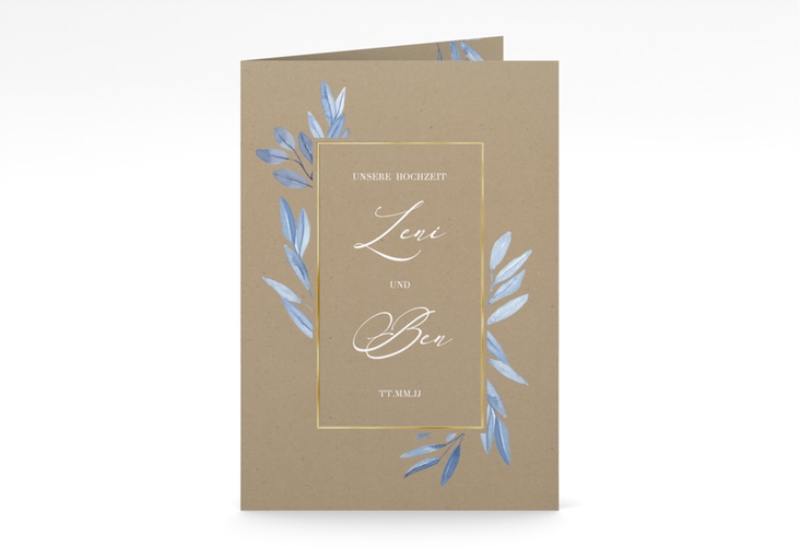 Kirchenheft Hochzeit Classicblue A5 Klappkarte hoch Kraftpapier gold