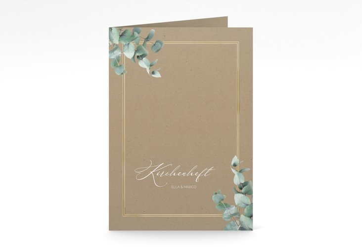 Kirchenheft Hochzeit Eucalypt A5 Klappkarte hoch Kraftpapier gold mit Eukalyptus und edlem Rahmen