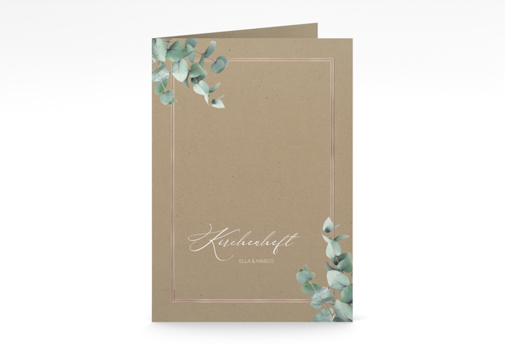 Kirchenheft Hochzeit Eucalypt A5 Klappkarte hoch Kraftpapier rosegold mit Eukalyptus und edlem Rahmen