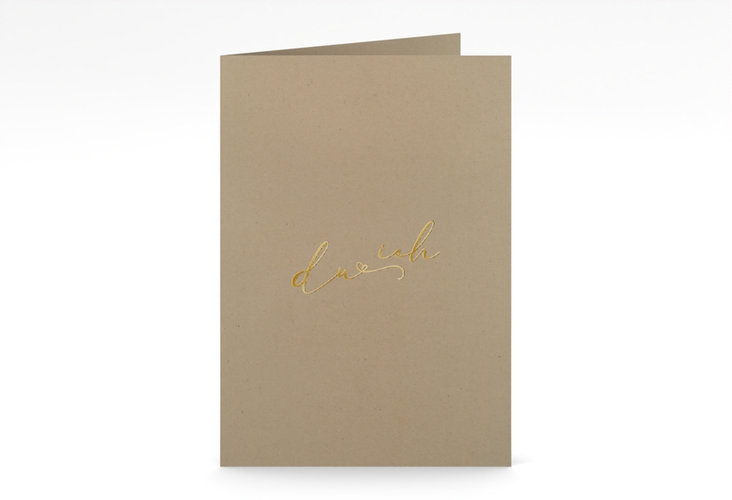 Menükarte Hochzeit Zweisamkeit A5 Klappkarte hoch Kraftpapier gold im minimalistischen Stil mit Aufschrift du & ich