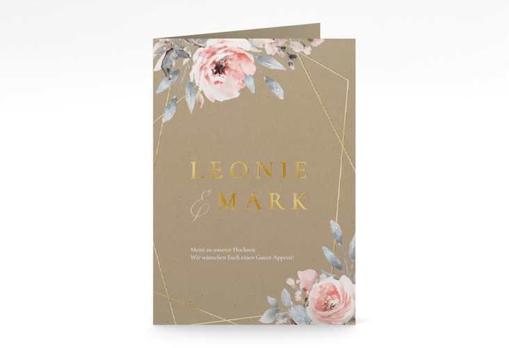 Menükarte Hochzeit Perfection A5 Klappkarte hoch Kraftpapier gold mit rosa Rosen