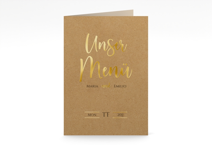 Menükarte Hochzeit Noble A5 Klappkarte hoch Kraftpapier gold mit elegantem Schriftzug