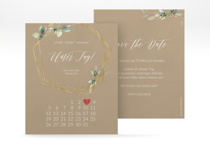 Save the Date-Kalenderblatt Greenish Kalenderblatt-Karte Kraftpapier gold